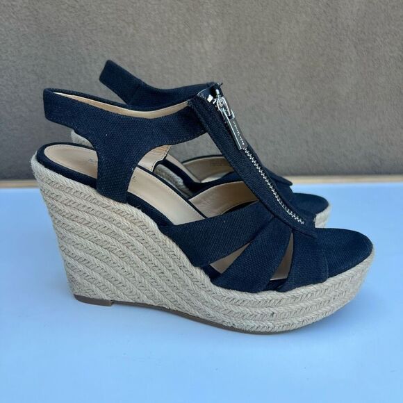 Michael Kors Damita Espadrille Wedge Sandal Size 5.5-6 Black Canvas Zipper - Picture 2 of 11
